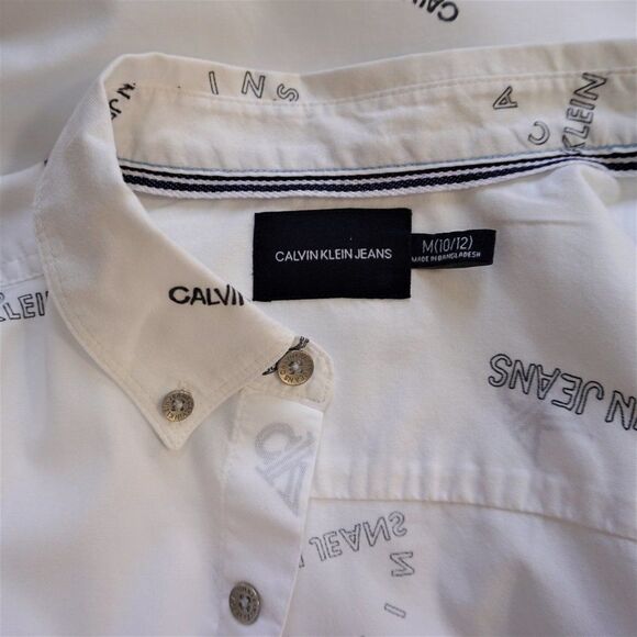 Calvin Klein Jeans All Over Print Dress Shirt Boys Button Up White Sz M Flaw - Picture 7 of 10